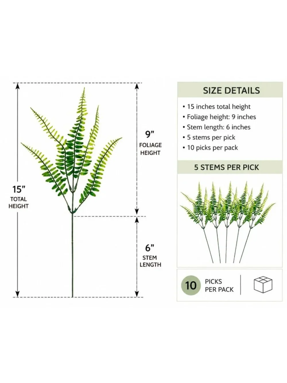 Artificial Boston Fern Picks Set of 10, 15 Inch Faux Fern Greenery, Floral Fille